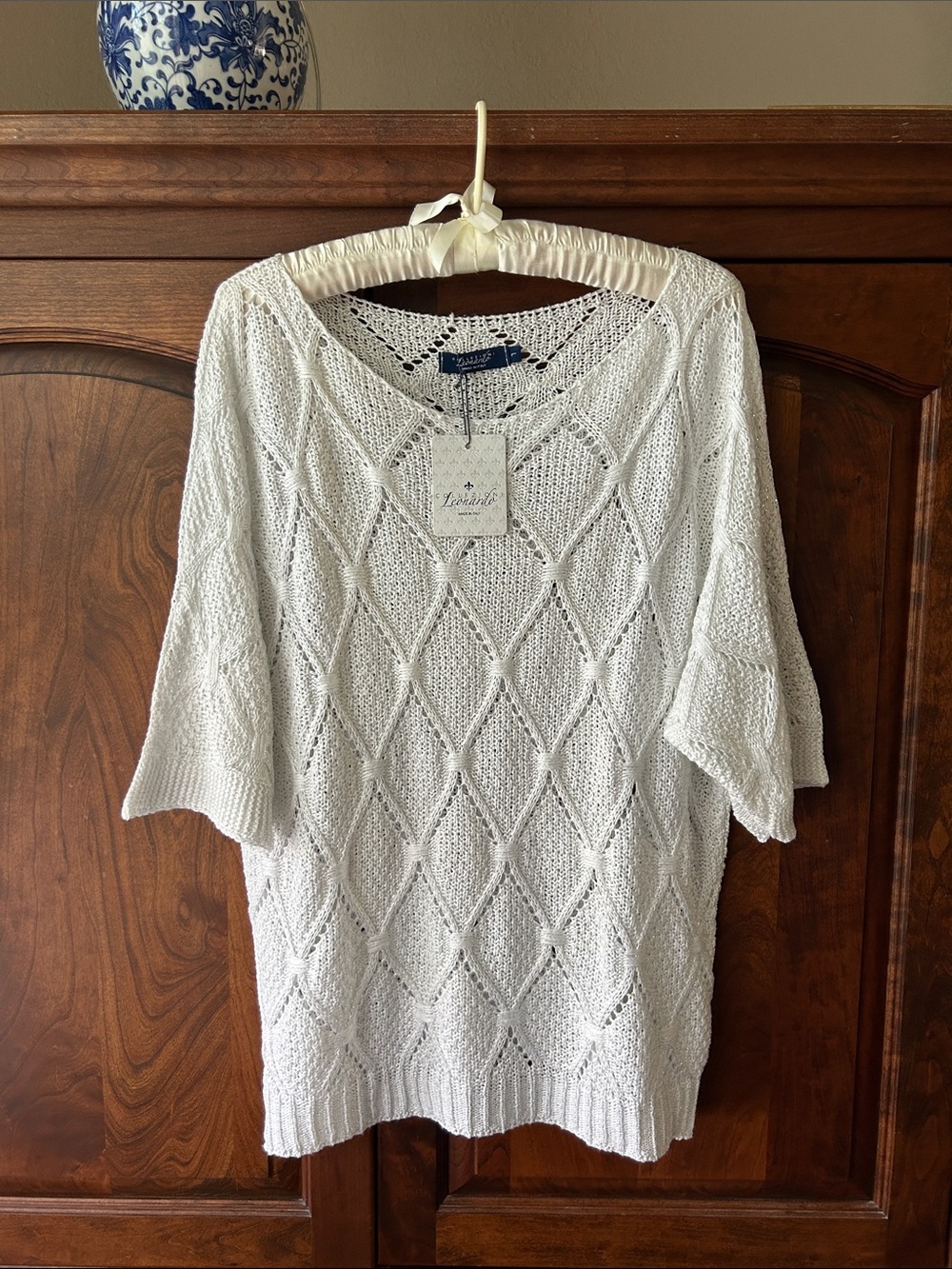 Leonardo Collezioni White Openwork Scoop-Neck Knit Pullover with Metallic Thread